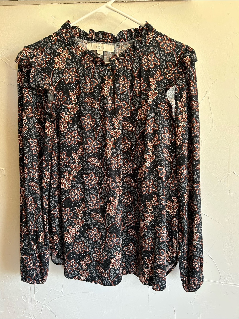 LOFT Black Floral Ruffle-Trim Long Sleeve Blouse